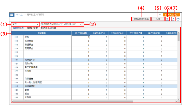 ［勘定科目残高の登録・修正］画面